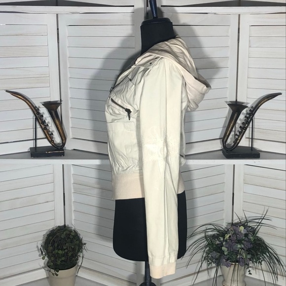 Rare Y2K Volcom Skater Cropped Bomber Jacket Hooded Full Zip Beige/Cream sz XS - Picture 6 of 15